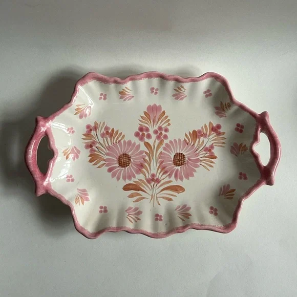 HB Quimper France Faience Camaieu Pink Floral Platter Tray With Handles - Picture 4 of 8